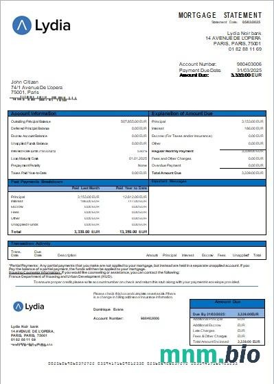 Francja Lydia Noir wyciąg z kredytu hipotecznego szablon Word i PDF